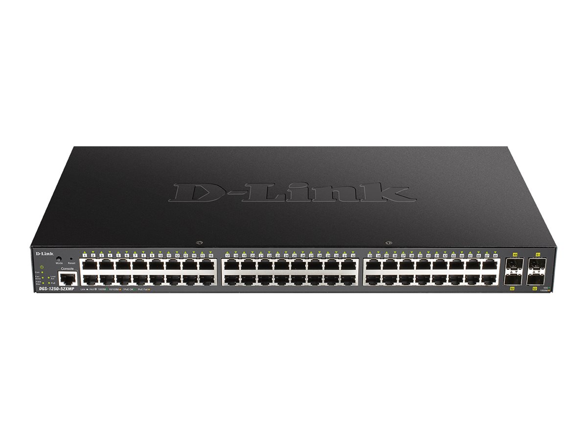 D-Link DGS 1250-52XMP - Switch - L3 Lite - smart - 48 x 10/100/1000 (PoE) + 4 x 10 Gigabit SFP+ - monterbar på stativ - PoE (370 W)