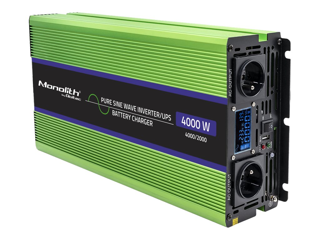 Qoltec Monolith - DC til AC-strømomformer/batterioplader/UPS - ren sinusbølge, LCD - AC 230 V / DC 12 V - 2000 Watt - output-stikforbindelser: 4