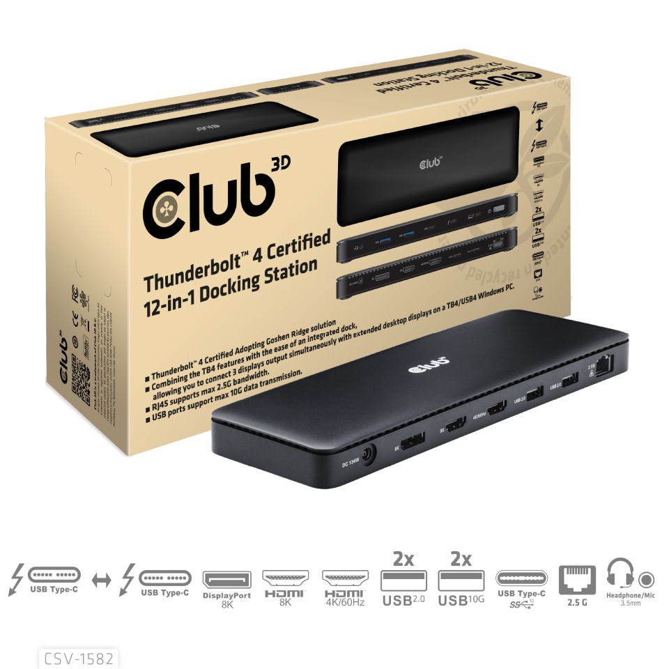 Club 3D 12-in-1 - Dockingstation - for desktop, laptop - USB-C / USB4 / Thunderbolt 3 / Thunderbolt 4 - 2 x HDMI, DP, Thunderbolt 4 - 2.5GbE - 134 Watt