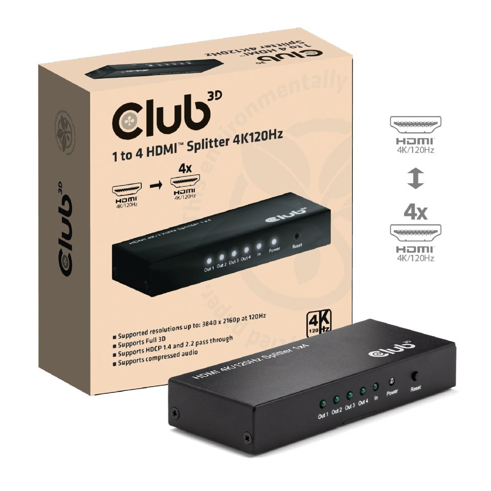 Club 3D CSV-1385 - video/audio splitter - 1 to 4 4K120Hz - 4 ports