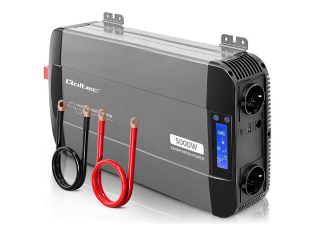 Qoltec omformer med ren sinus 12V til 230V - 2500/5000 W, LCD, USB og USB‑C - kompatibel med LiFePO4, GEL, AGM