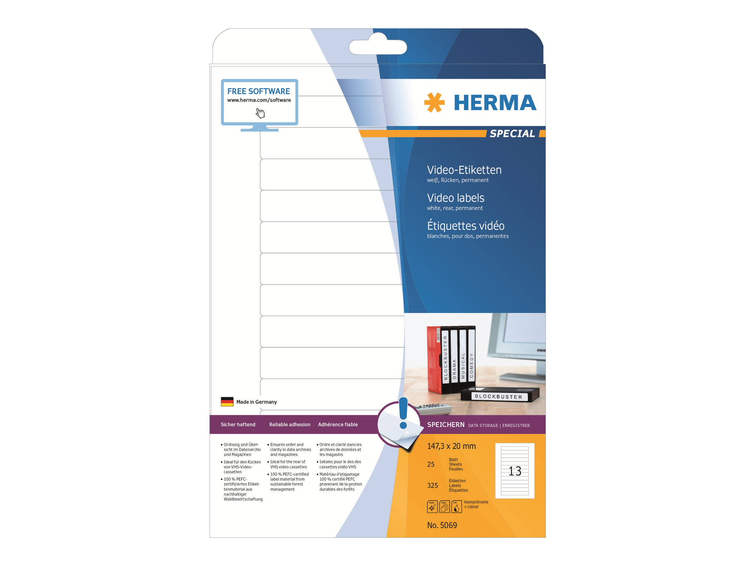 HERMA Special - Papir - mat - permanent selvklæbende - hvid - 147,3 x 20 mm 325 etikette(r) (25 ark x 13) etiketter for videobånd