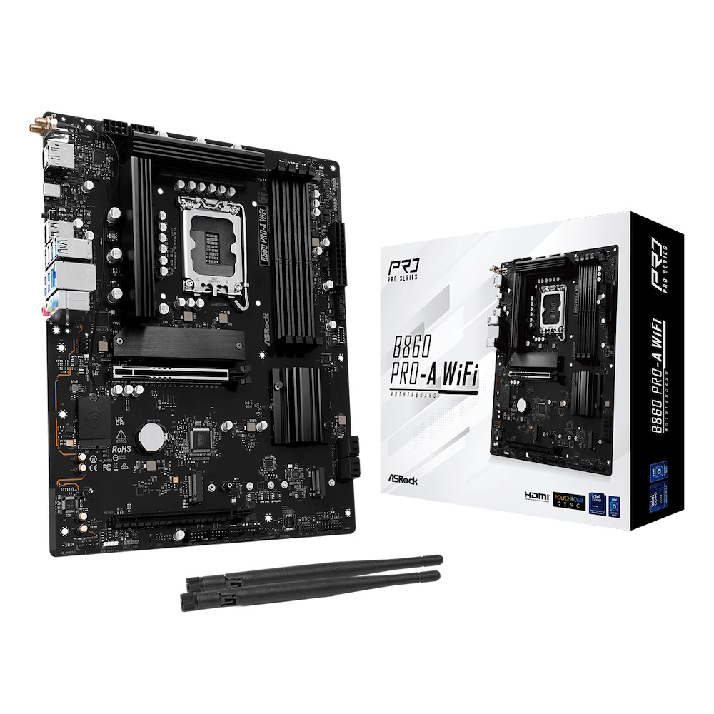 ASRock B860 Pro-A WiFi - Bundkort - ATX - LGA1851 sokkel - B860 Chipset - USB-C Gen 2x2, USB-C 3.2 Gen 1, USB 3.2 Gen 1 - Wi-Fi 6E, 2.5 Gigabit LAN, Bluetooth - onboard grafik (CPU påkrævet) - HD Audio (8-kanaler)