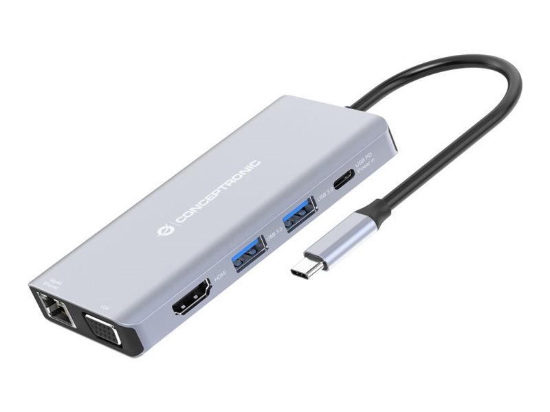 Conceptronic DONN20G - 10‑i‑1 USB‑C dockingstation, 4K HDMI, VGA, USB‑A/USB‑C 5 Gbps, SD/TF, lyd, Gigabit LAN, 100 W PD