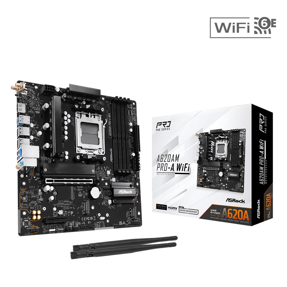 ASRock A620AM Pro-A WiFi - Bundkort - micro ATX - Socket AM5 - AMD A620A Chipset - USB 3.2 Gen 1, USB-C 3.2 Gen 1 - 2.5 Gigabit LAN, Wi-Fi 6E, Bluetooth - onboard grafik (CPU påkrævet) - HD Audio (8-kanaler)