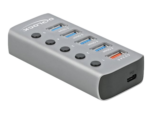 Delock USB 3.2 Gen 1 Hub med 4 porte + 1 port til hurtig opladning + 1 USB-C™ PD 3.0-port med switch og lys