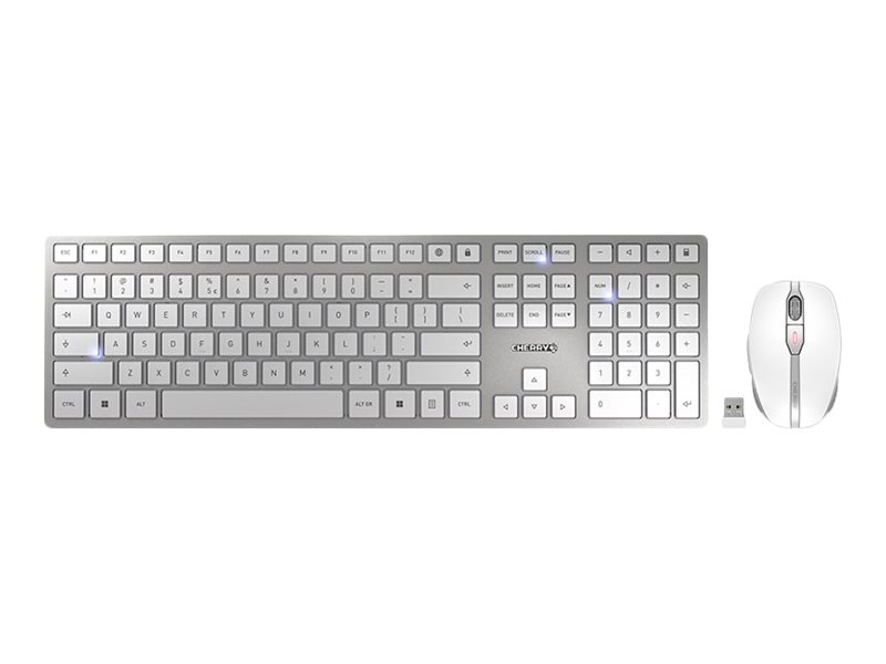 CHERRY DW 9100 SLIM - Sæt med mus og tastatur - trådløs - 2.4 GHz, Bluetooth 4.0 - USA med Euro-symbol - hvid, sølv