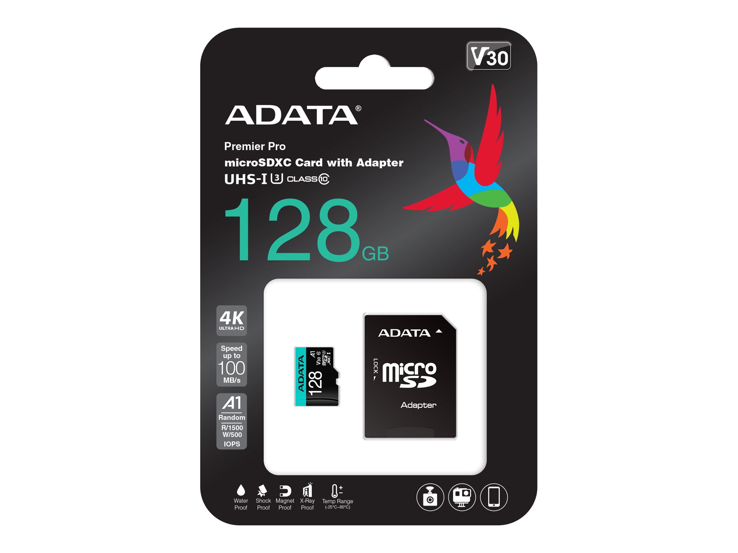 microSDXC hukommelseskort, 128GB, UHS-I Class 10, A2, V30, med adapter - ADATA Premier Pro