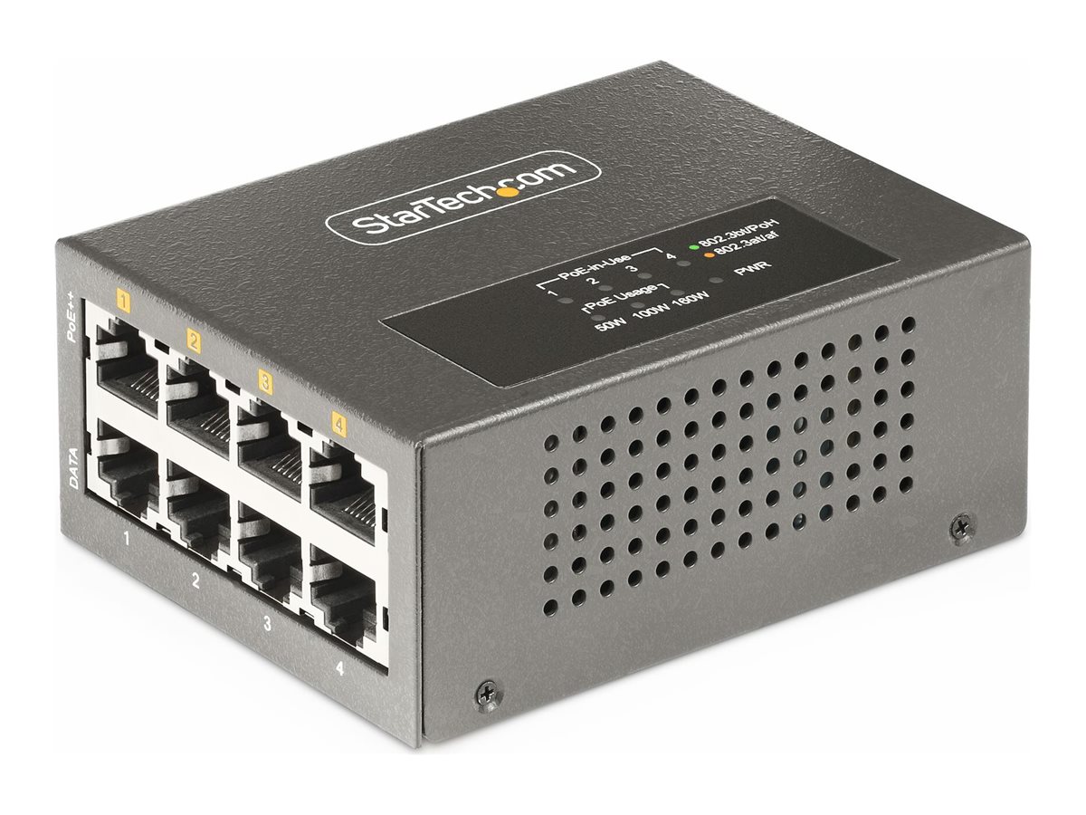 StarTech.com 4-Port Multi-Gigabit PoE++ Injector, 5/2.5G Ethernet (NBASE-T), PoE/PoE+/PoE++ (802.3af/802.3at/802.3bt), 160Watts Power Budget, Wall/DIN