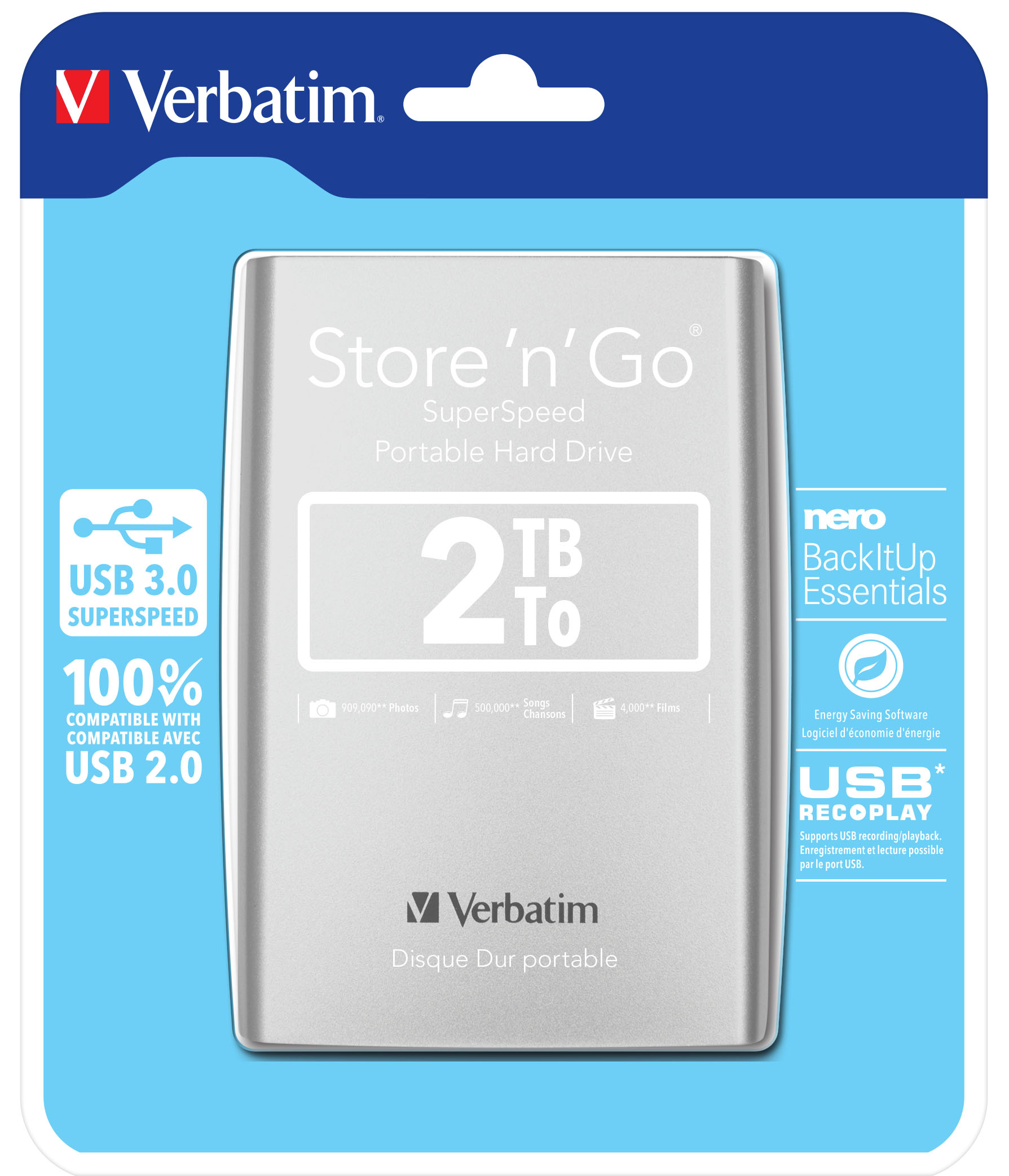 Verbatim Store'n'Go Portable - 2TB - Ekstern Harddisk - Sølv