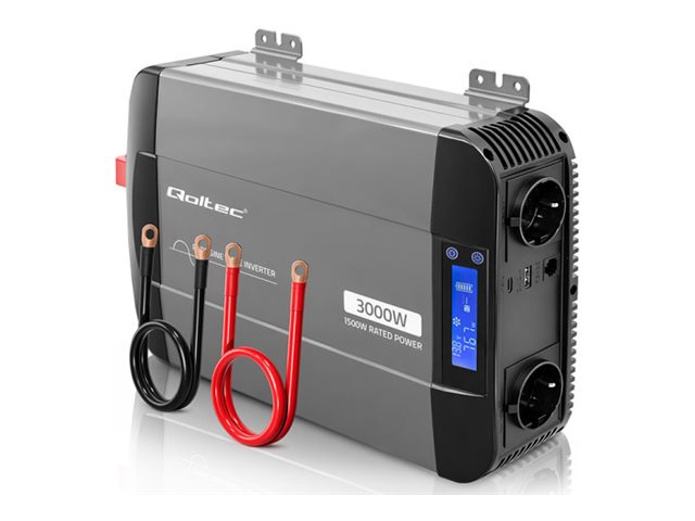 Qoltec Pure Sine Wave spændingsomformer 12V til 230V - 1500/3000 W, LCD, USB & USB-C, kompatibel med LiFePO4/GEL/AGM