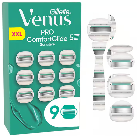 Gillette Venus Pro ComfortGlide Sensitive, Kvinder, Gillette, Vinus ComfortGlide, Rustfrit stål, Turkis, Hvid, 9 stk