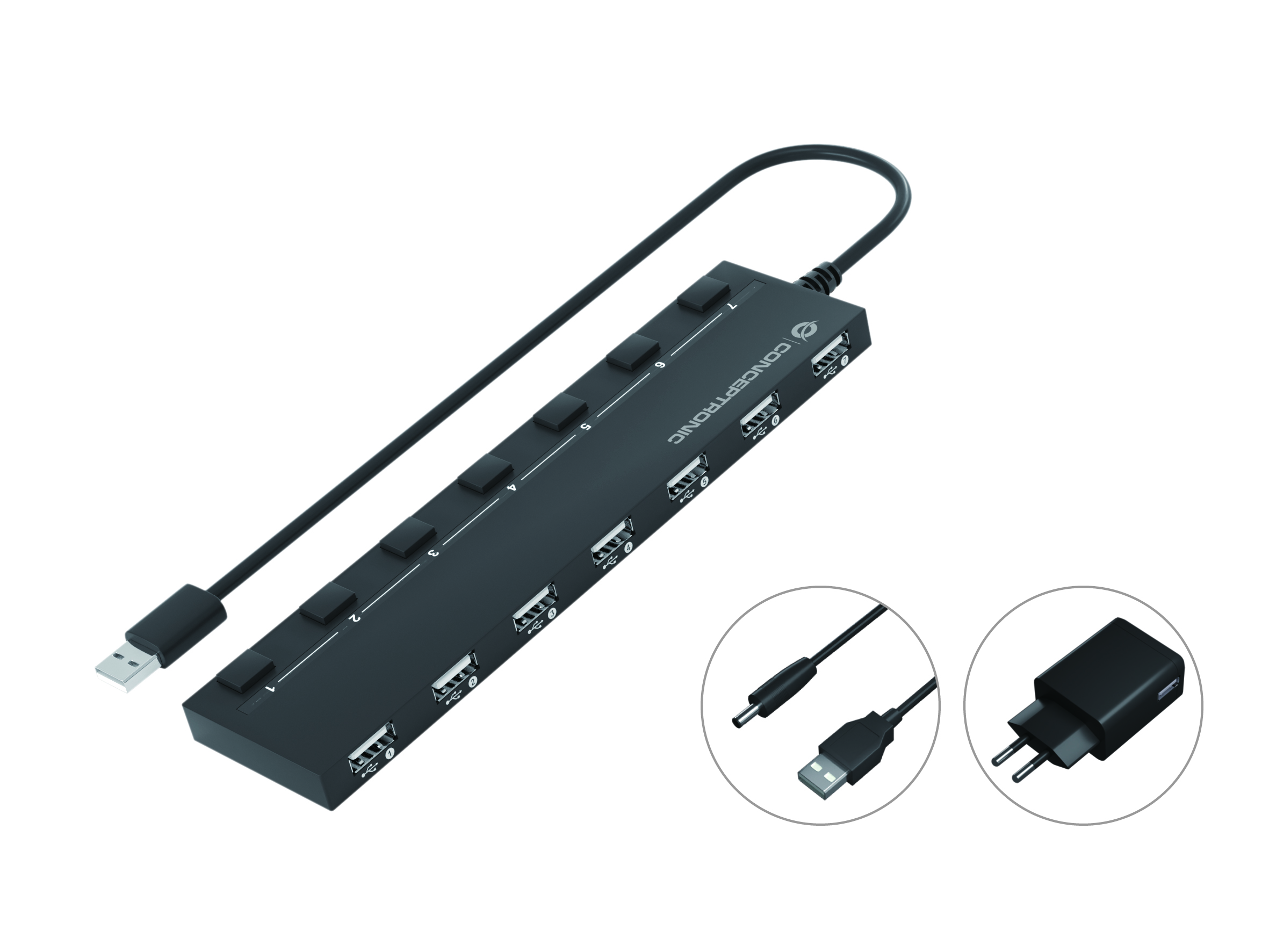 Conceptronic HUBBIES08BP interface hub USB 2.0 480 Mbit/s Sort