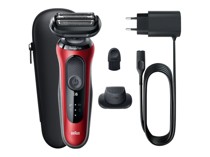 Braun Series 6 61-R1200s, Folie shaver, Sort, Rød, SensoFlex, SensoFoil, Knapper, LED, Batteri