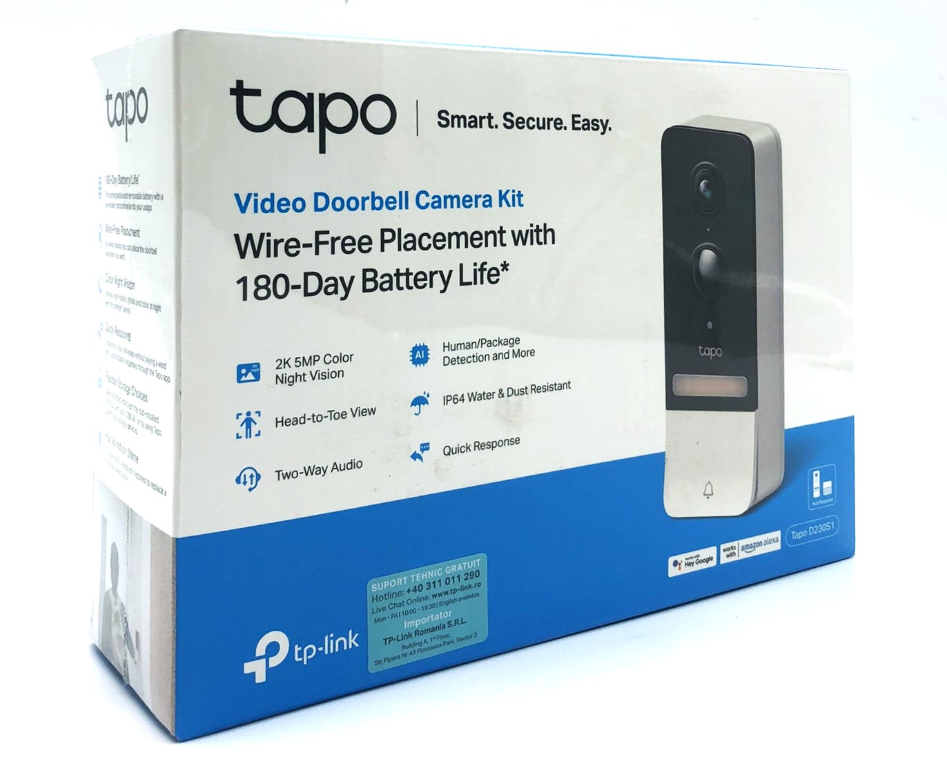 TP-Link Tapo D230S1, Sort, Hvid, IR, CE, RoHS, RCM,R-NZ,FCC, EAC, Triman, UKCA, G.711, 5 MP, 2560 x 1920 pixel