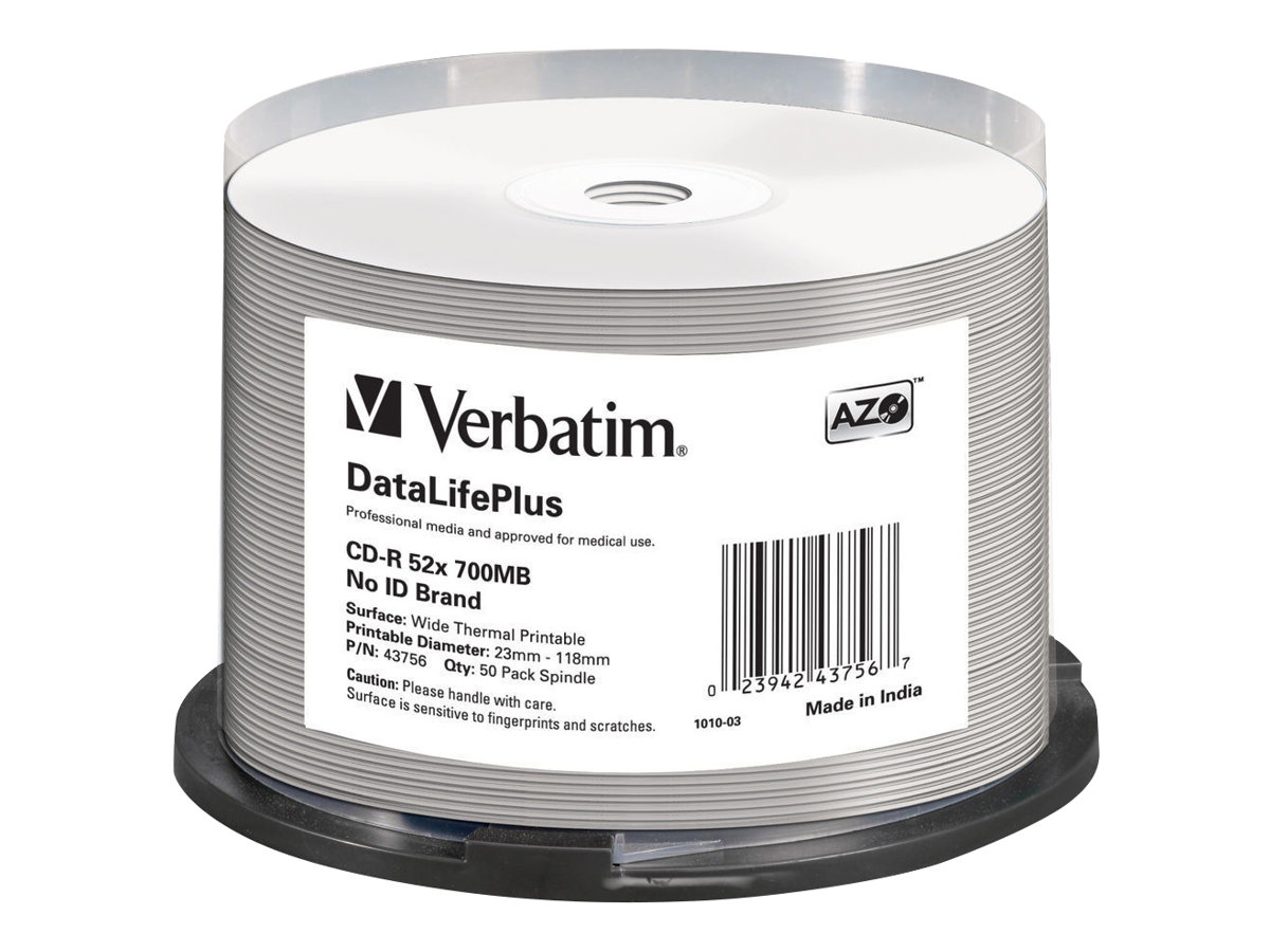 Verbatim DataLifePlus Professional - 50 x CD-R - 700 MB 52x - bred overflade til udskrivning med termotryk - spindle
